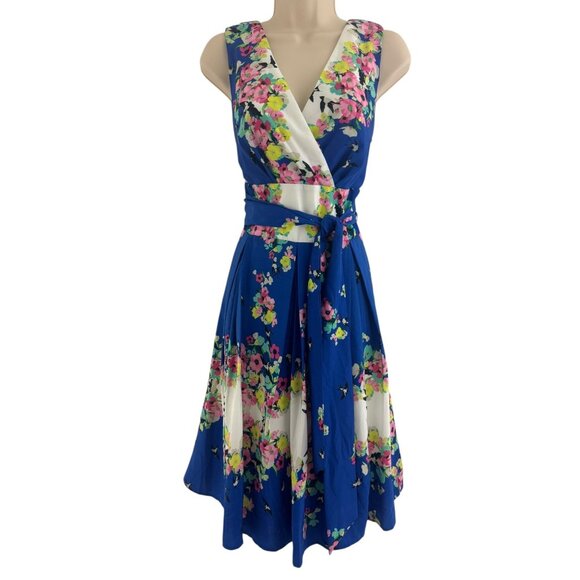 Blue Bird Floral Print Fit & Flare Dress w/Tie Size 12 Summer Fall Wedding Party - Picture 1 of 8
